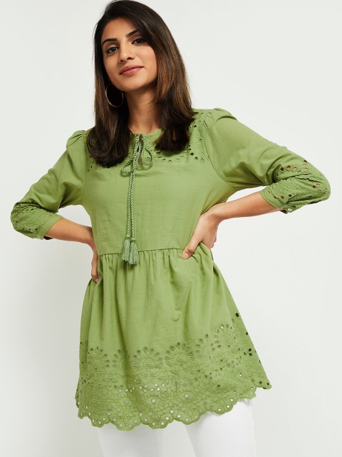 

max Green Tie-Up Neck Cotton A-Line Top