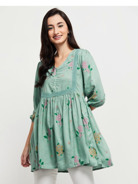 

max Green Floral Printed Cinched Waist Longline Top