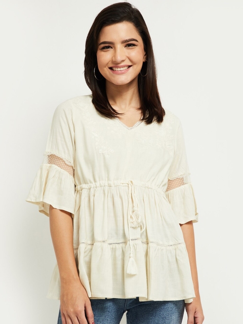 

max Cream-Coloured Georgette Cinched Waist Top