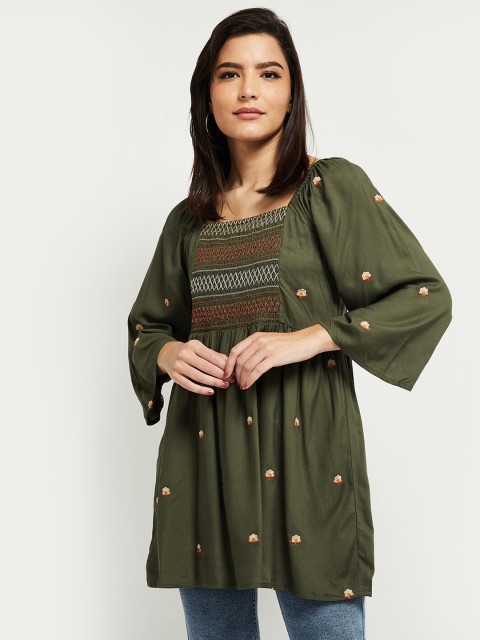 

max Green Floral Embroidered Georgette A-Line Longline Top