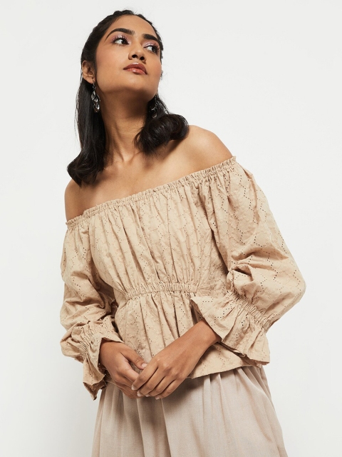 

max Beige Pure Cotton Off-Shoulder Bardot Top