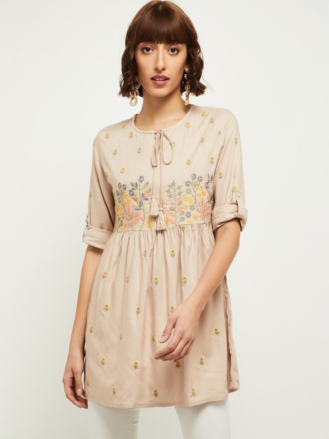 

max Beige Floral Embroidered Tie-Up Neck Cotton Empire Longline Top