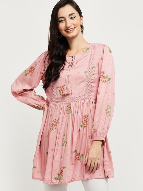 

max Pink Floral Printed Georgette Cinched Waist Longline Top