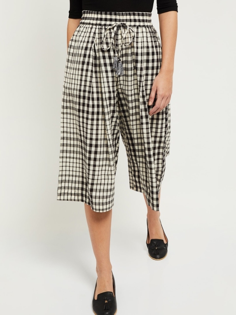 

max Women Off White Checked Pure Cotton Loose Fit Culottes Trousers