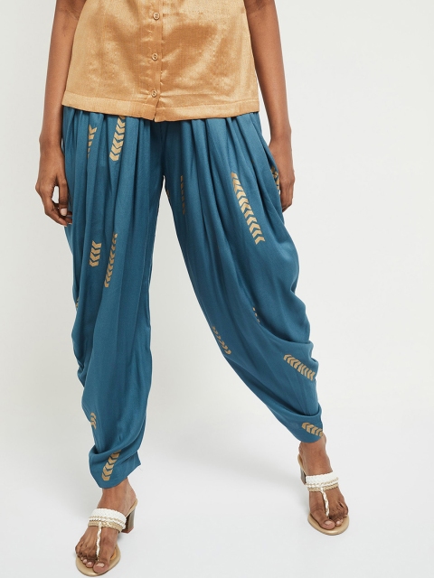 

max Women Blue & Gold-Toned Geometric Print Dhoti Pants