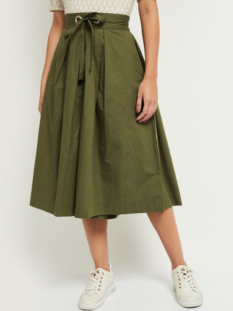 

max Women Green Loose Fit Pleated Cotton Culottes Trousers