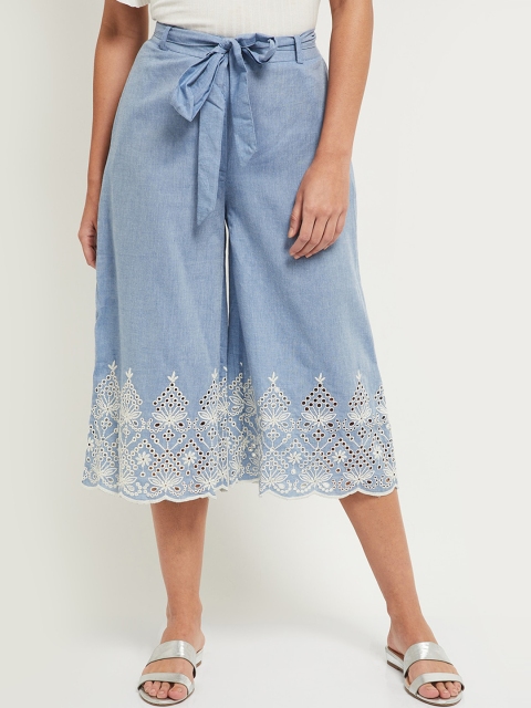 

max Women Blue Floral Embroidered Pure Cotton Loose Fit Culottes Trousers
