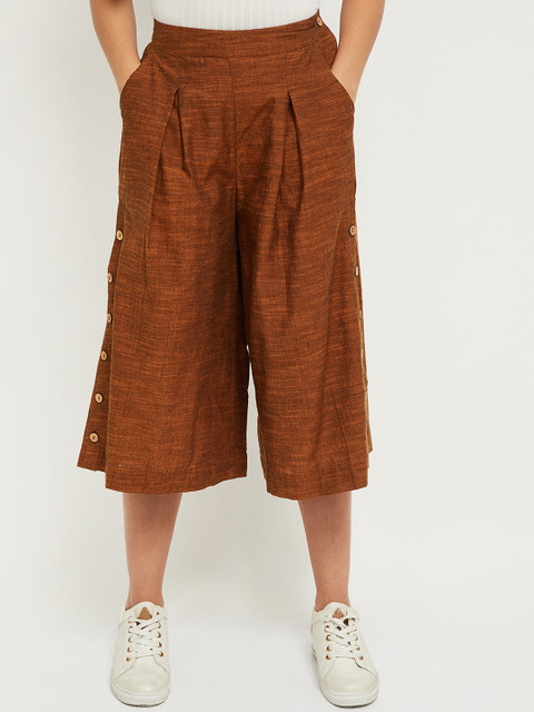 

max Women Brown Loose Fit Pleated Cotton Culottes Trousers