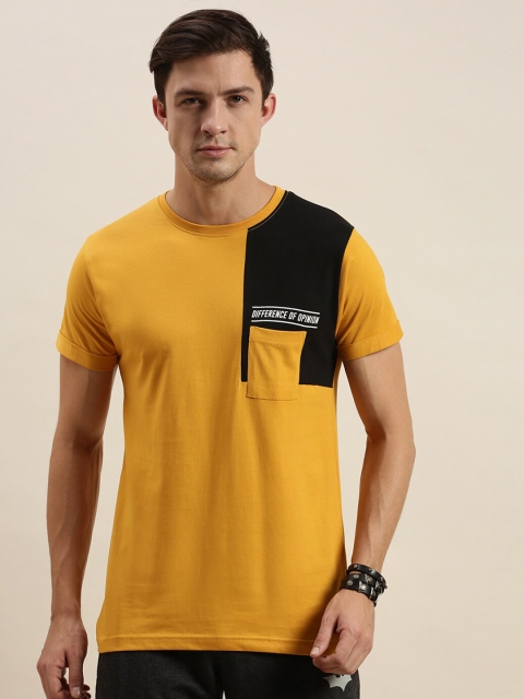 

Difference of Opinion Men Mustard Yellow & Black Pure Cotton Colourblocked Pockets T-shirt