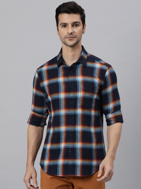 

RARE RABBIT Men Navy Blue Slim Fit Tartan Checks Opaque Checked Casual Shirt