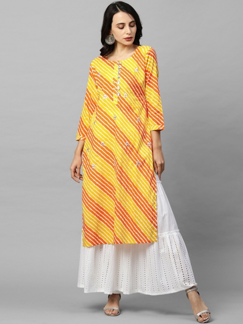 

FASHOR Women Yellow & Pink Leheriya Printed Thread Work Kurta
