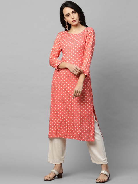 

FASHOR Women Peach-Coloured Geometric Printed Cold-Shoulder Sleeves Kurta