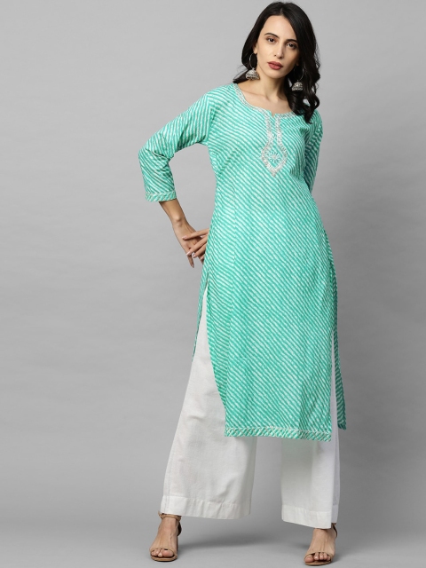 

FASHOR Women Sea Green Leheriya Printed Gotta Patti Kurta