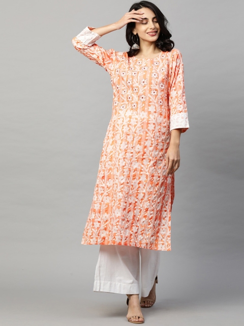 

FASHOR Women Orange Geometric Printed Thread Work Kurta
