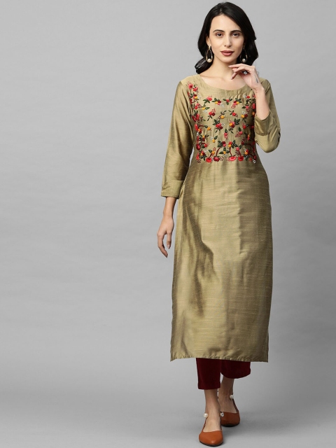

FASHOR Women Green Floral Embroidered Thread Work Kurta