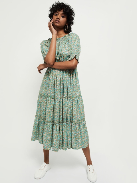 

max Green & Blue Floral A-Line Midi Dress