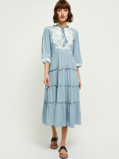 

max Grey Floral Embroidered Tie-Up Neck A-Line Midi Dress