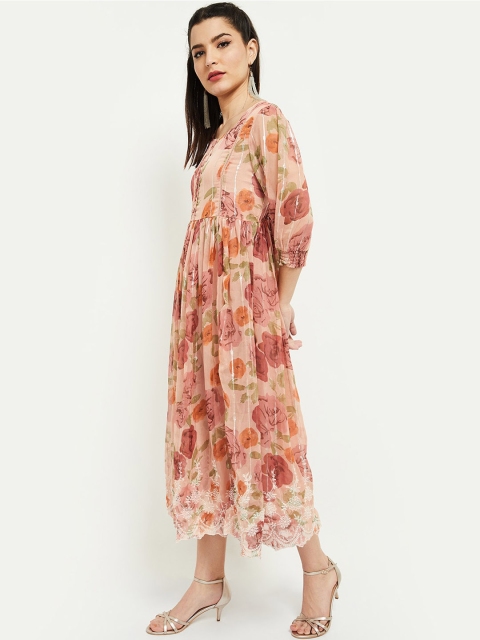 

max Peach-Coloured Floral A-Line Midi Dress