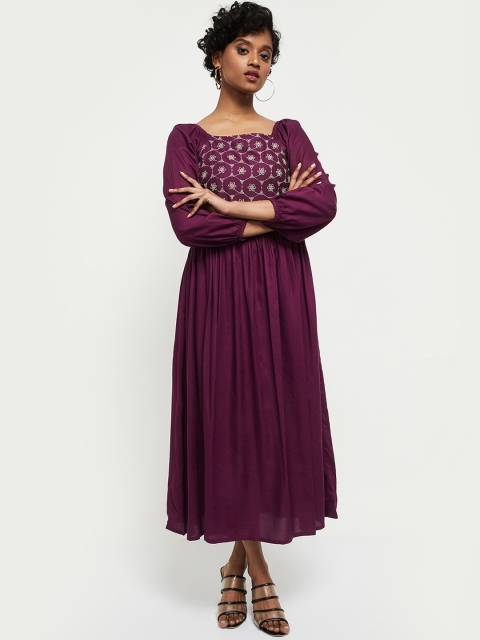 

max Purple Embroidered Pure Cotton Empire Midi Dress
