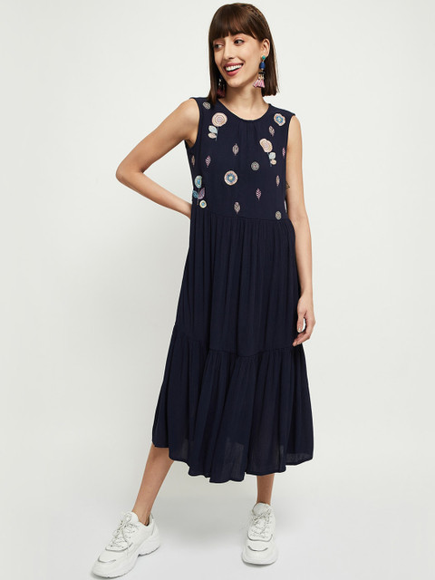 

max Navy Blue Floral Embroidered A-Line Midi Dress