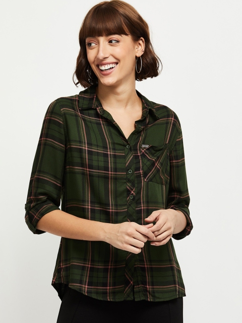 

max Women Green Tartan Checks Opaque Checked Casual Shirt