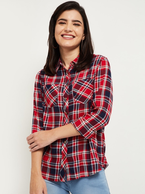 

max Women Red Tartan Checks Opaque Checked Casual Shirt