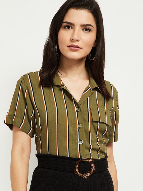 

max Women Green Opaque Striped Casual Shirt