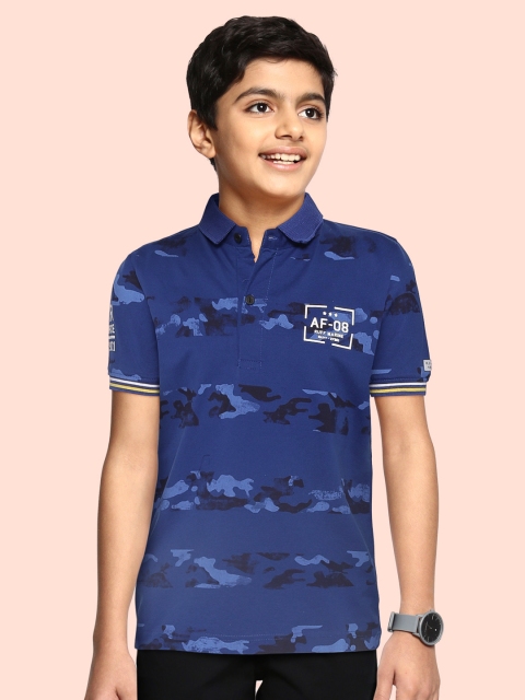 

RUFF Boys Blue & Black Camouflage Printed Polo Collar Slim Fit T-shirt