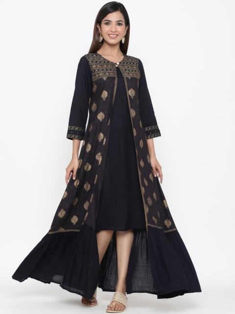 

kipek Navy Blue & Gold-Toned Ethnic A-Line Midi Dress With Jacket