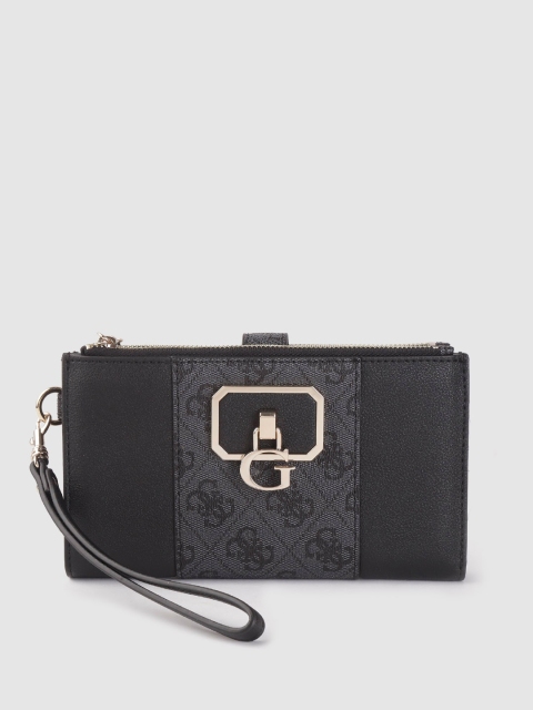 

GUESS Women Charcoal Grey & Black Brand Logo Print Two Fold Wallet