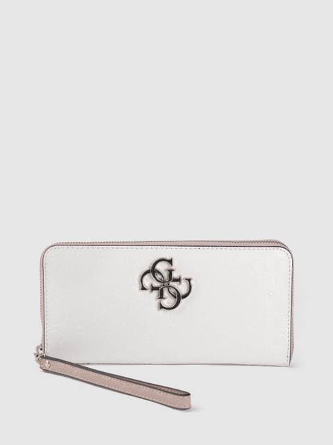 

GUESS Women White & Black Colourblocked Brand Logo Textured Zip Around Wallet