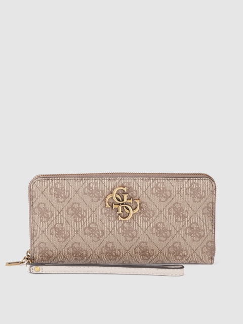 

GUESS Women Beige Brand Logo Print Zip Around Wallet