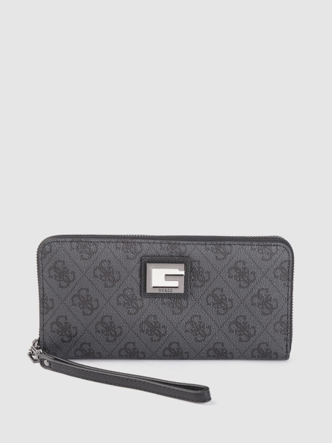 

GUESS Women Charcoal Grey & Black Brand Logo Print Zip Around Wallet