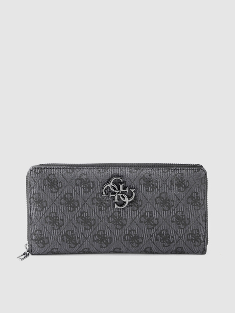 

GUESS Women Charcoal Grey & Black Brand Logo Print Print Zip Around Wallet