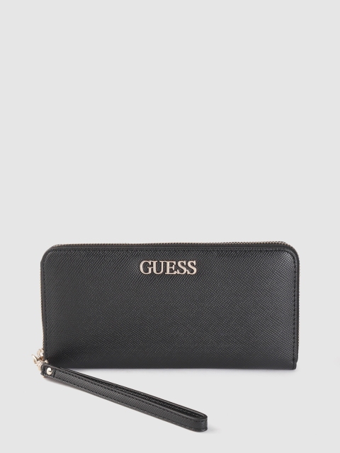 

GUESS Women Black Saffiano Textured Zip Around Wallet with Wrist Loop