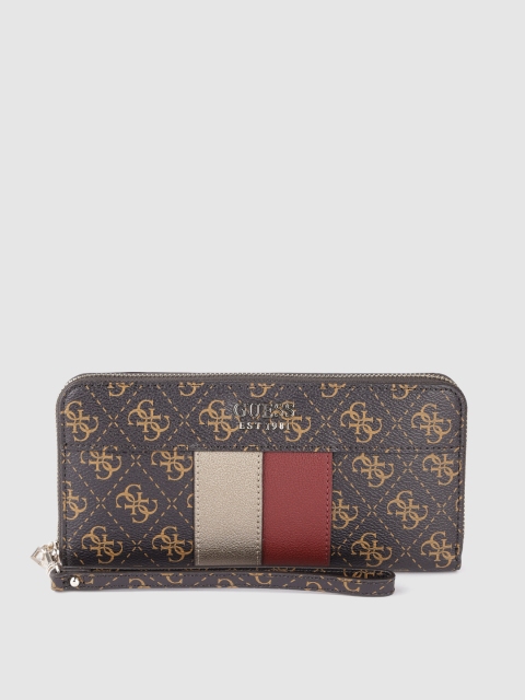 

GUESS Women Coffee Brown & Beige Brand Logo Print Zip Around Wallet