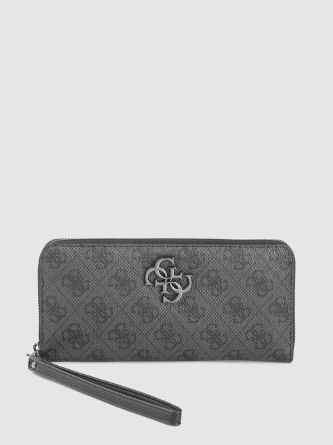 

GUESS Women Charcoal Grey & Black Brand Logo Print Zip Around Wallet