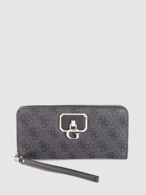 

GUESS Women Charcoal Grey & Black Brand Logo Print Zip Around Wallet