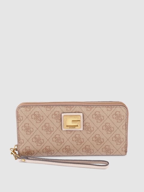

GUESS Women Beige Typography Printed PU Zip Around Wallet