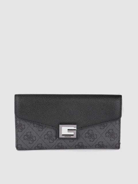 

GUESS Women Black & Charcoal Grey Brand Logo Print Two Fold Wallet