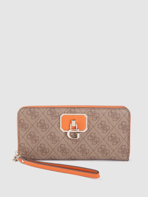 

GUESS Women Brown & Orange Typography Printed Zip Around Wallet