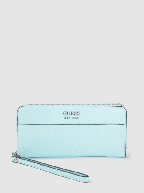 

GUESS Women Blue Saffiano Textured Zip Around Wallet