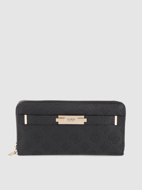 

GUESS Women Black Brand Logo Textured Zip Around Wallet