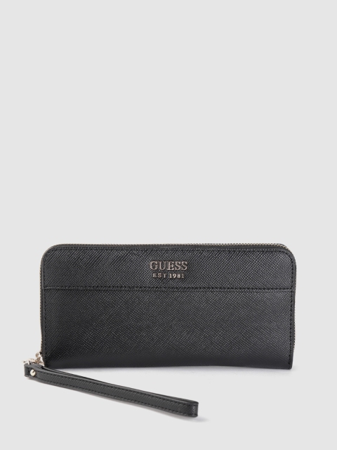 

GUESS Women Black Saffiano Textured Zip Around Wallet