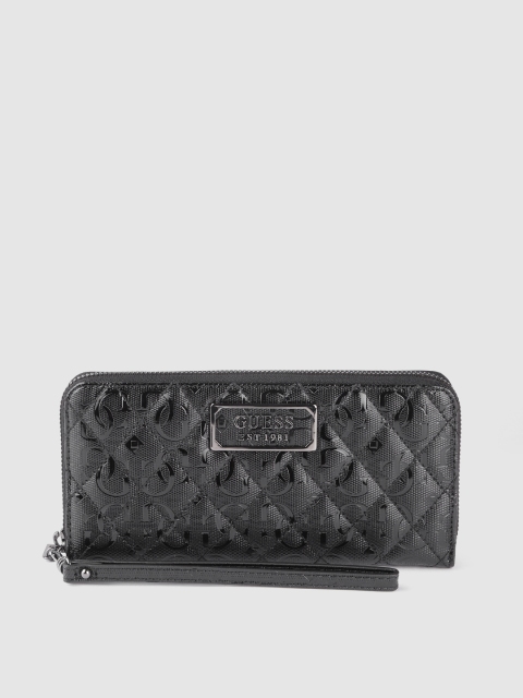

GUESS Women Black Brand Logo Textured & Quilted Zip Around Wallet