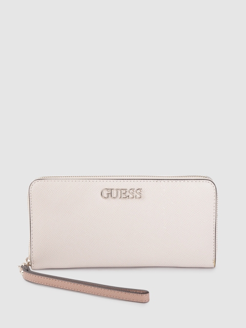 

GUESS Women Off-White & Dusty Pink Saffiano Textured Zip Around Wallet