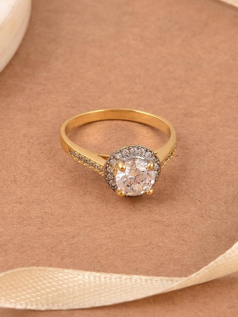 

Tistabene Gold-toned & White Stone-Studded Solitaire Finger Ring