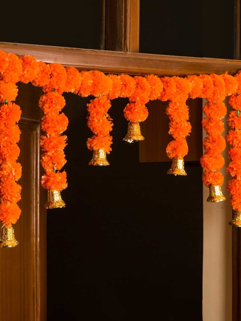 

TIED RIBBONS Orange Entrance Hanging Marigold Flowers Bandhanwar Toran Garland with Bells