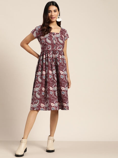 

Sangria Burgundy & Pink Ethnic Print Cotton Fit & Flare Dress