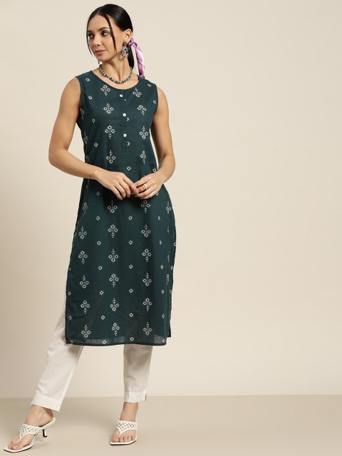 

Sangria Women Green Ethnic Motifs Print Pure Cotton Straight Kurta